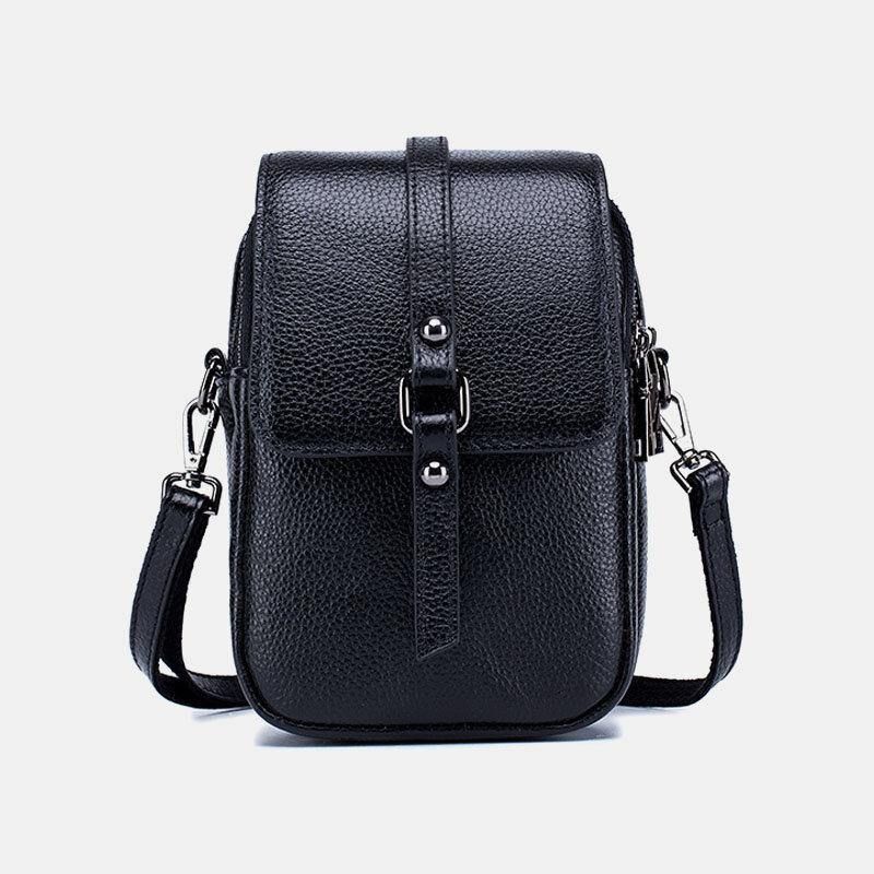 Kvinnor Äkta Läder Casual Retro Flerlagers Hörlurshål 6.5 Tums Telefonväska Crossbody-Väska