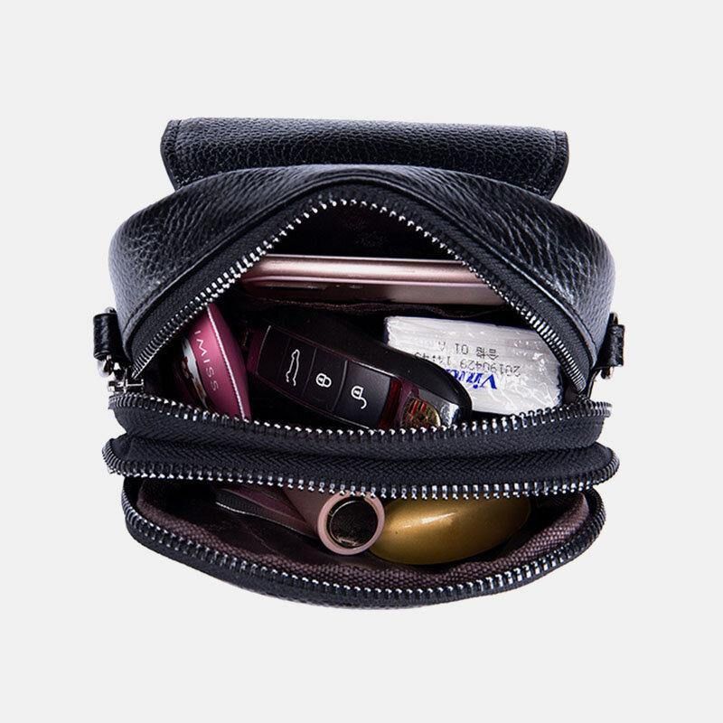 Kvinnor Äkta Läder Casual Retro Flerlagers Hörlurshål 6.5 Tums Telefonväska Crossbody-Väska