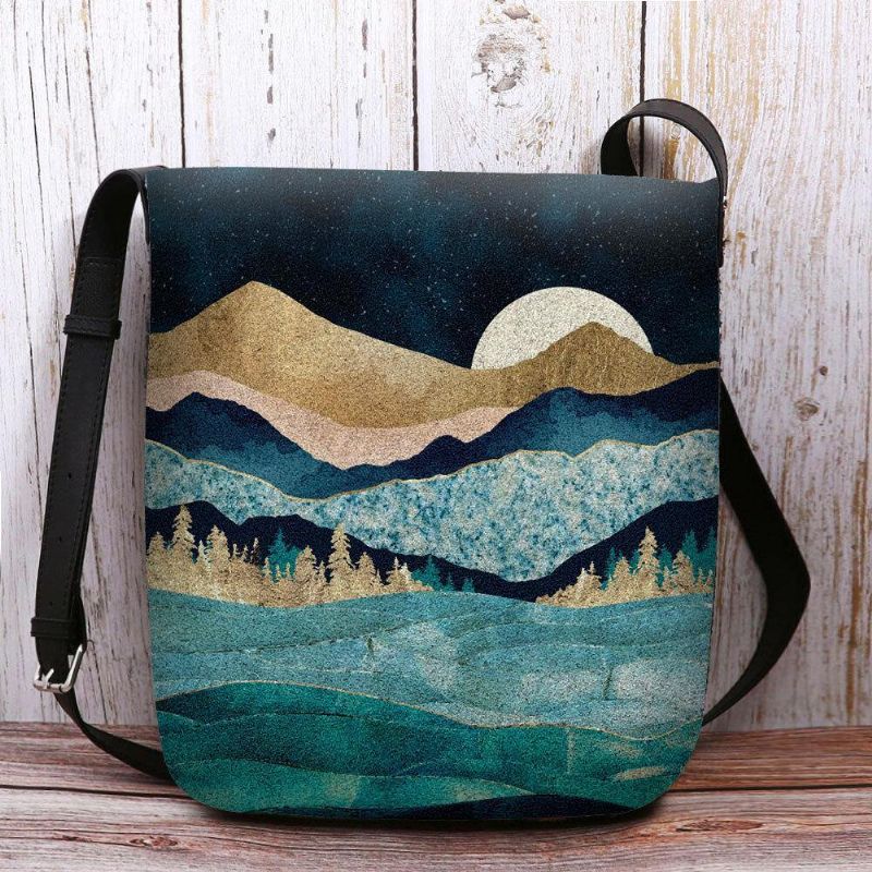 Kvinnor Filt Mountain Treetop Landscape Print Bag Crossbody Bag Axelväska