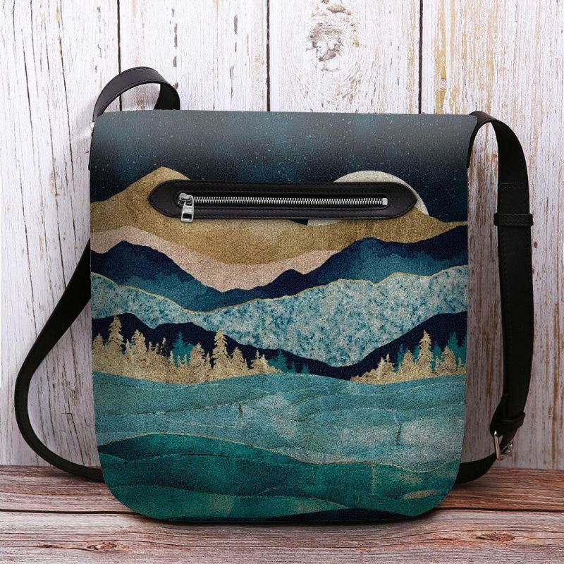 Kvinnor Filt Mountain Treetop Landscape Print Bag Crossbody Bag Axelväska