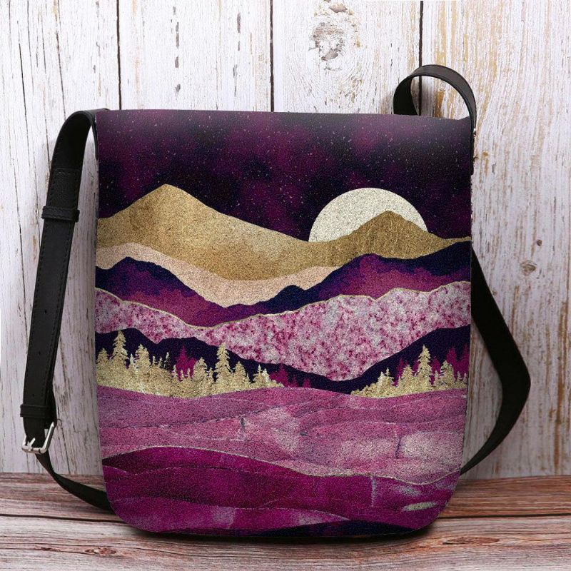 Kvinnor Filt Mountain Treetop Landscape Print Bag Crossbody Bag Axelväska