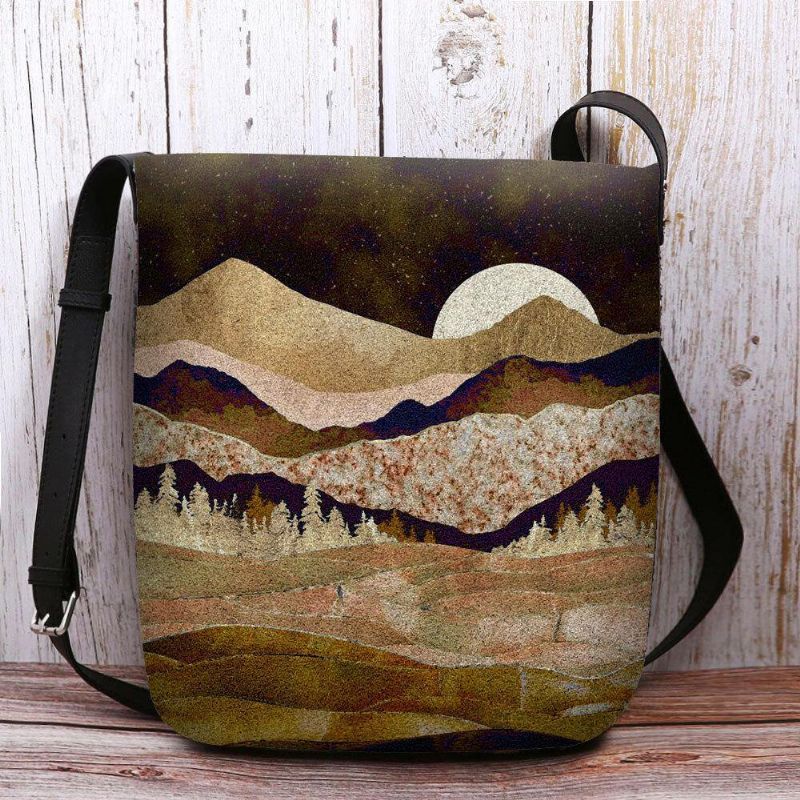 Kvinnor Filt Mountain Treetop Landscape Print Bag Crossbody Bag Axelväska