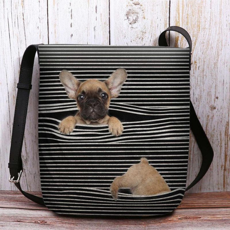 Kvinnor Kände Casual Stripe Söt 3D Dog Printing Pattern Crossbody Bag Axelväska