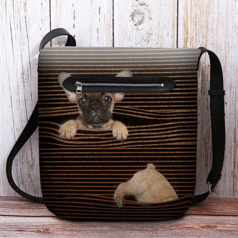 Kvinnor Kände Casual Stripe Söt 3D Dog Printing Pattern Crossbody Bag Axelväska