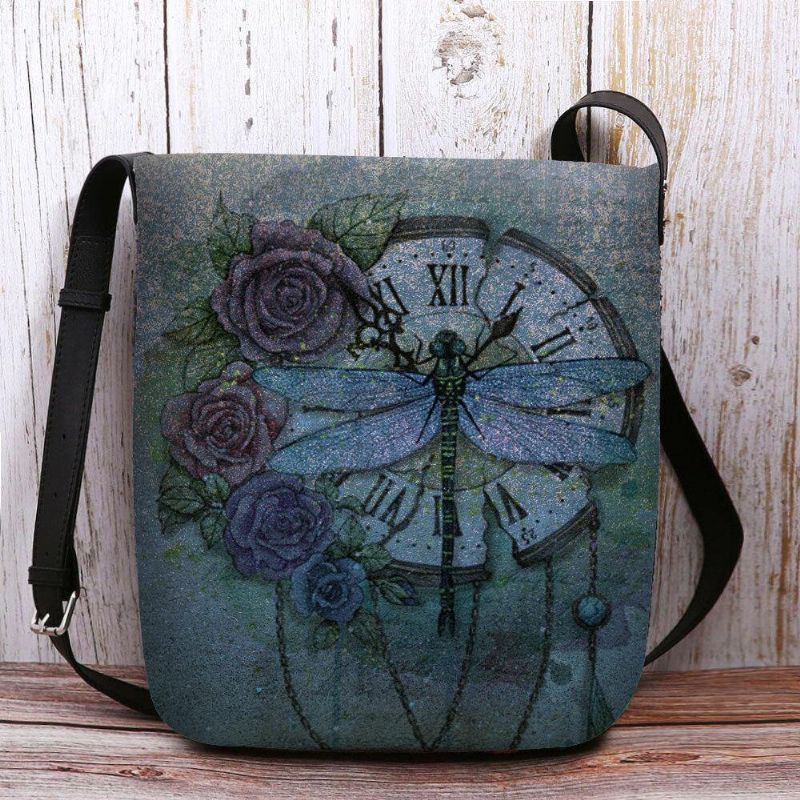 Kvinnor Kände Casual Vintage 3D Dragonfly Blomma Utskriftsmönster Crossbody Bag Axelväska