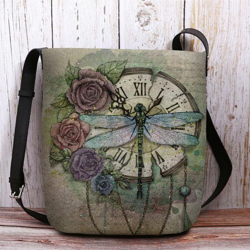 Kvinnor Kände Casual Vintage 3D Dragonfly Blomma Utskriftsmönster Crossbody Bag Axelväska