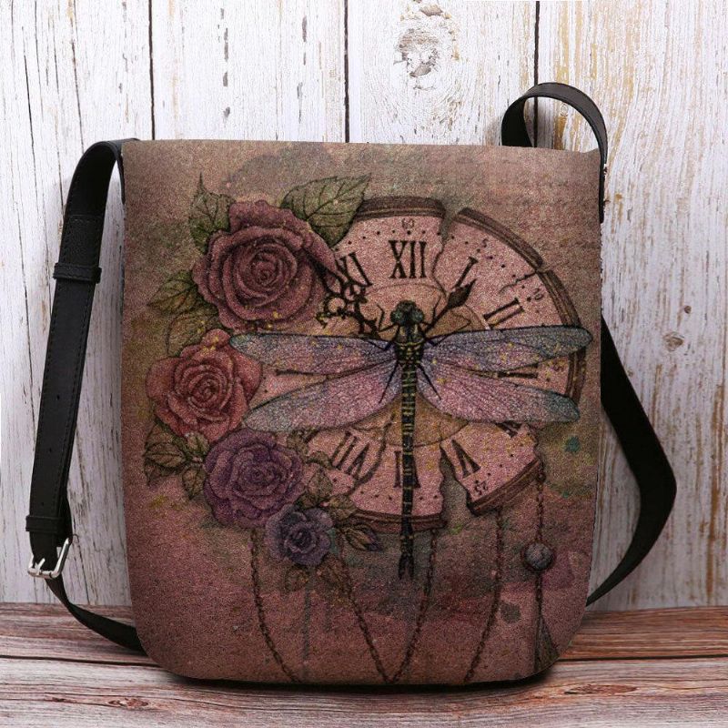 Kvinnor Kände Casual Vintage 3D Dragonfly Blomma Utskriftsmönster Crossbody Bag Axelväska