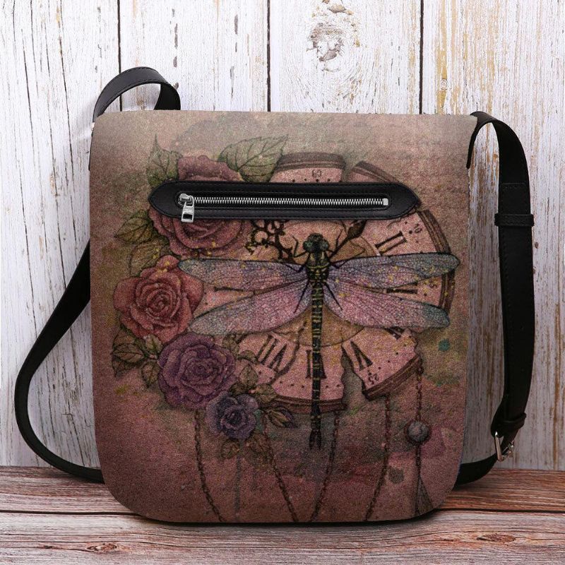 Kvinnor Kände Casual Vintage 3D Dragonfly Blomma Utskriftsmönster Crossbody Bag Axelväska