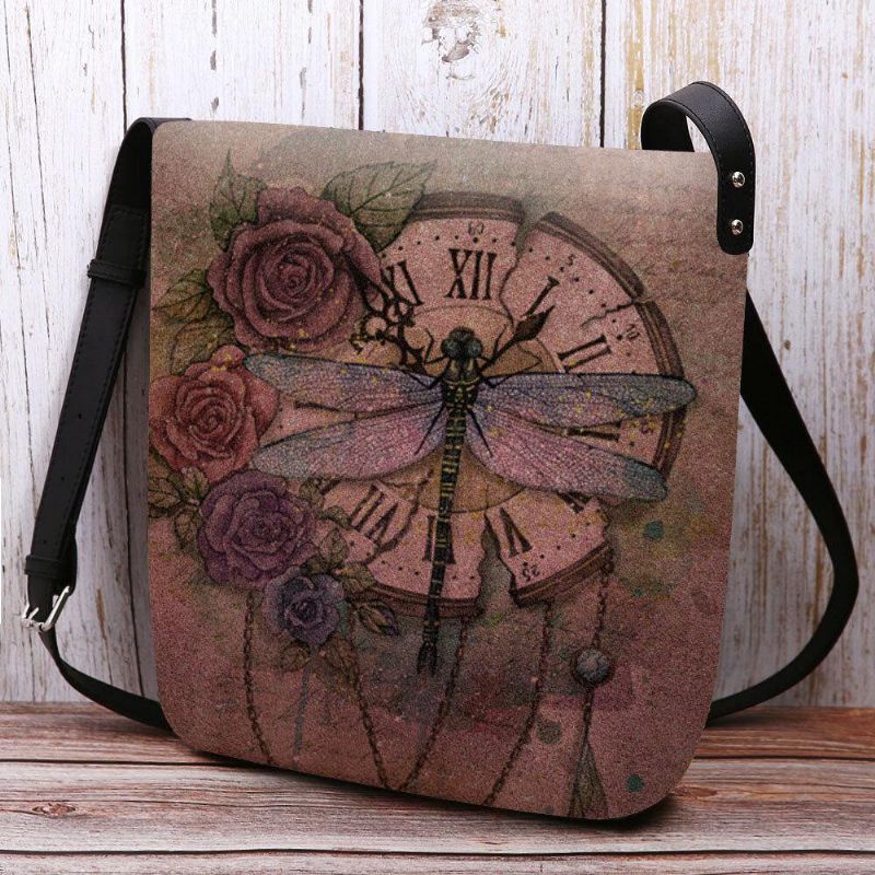 Kvinnor Kände Casual Vintage 3D Dragonfly Blomma Utskriftsmönster Crossbody Bag Axelväska