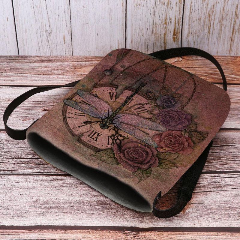 Kvinnor Kände Casual Vintage 3D Dragonfly Blomma Utskriftsmönster Crossbody Bag Axelväska