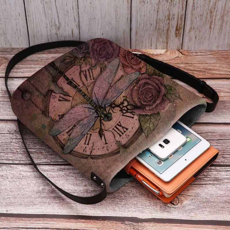 Kvinnor Kände Casual Vintage 3D Dragonfly Blomma Utskriftsmönster Crossbody Bag Axelväska