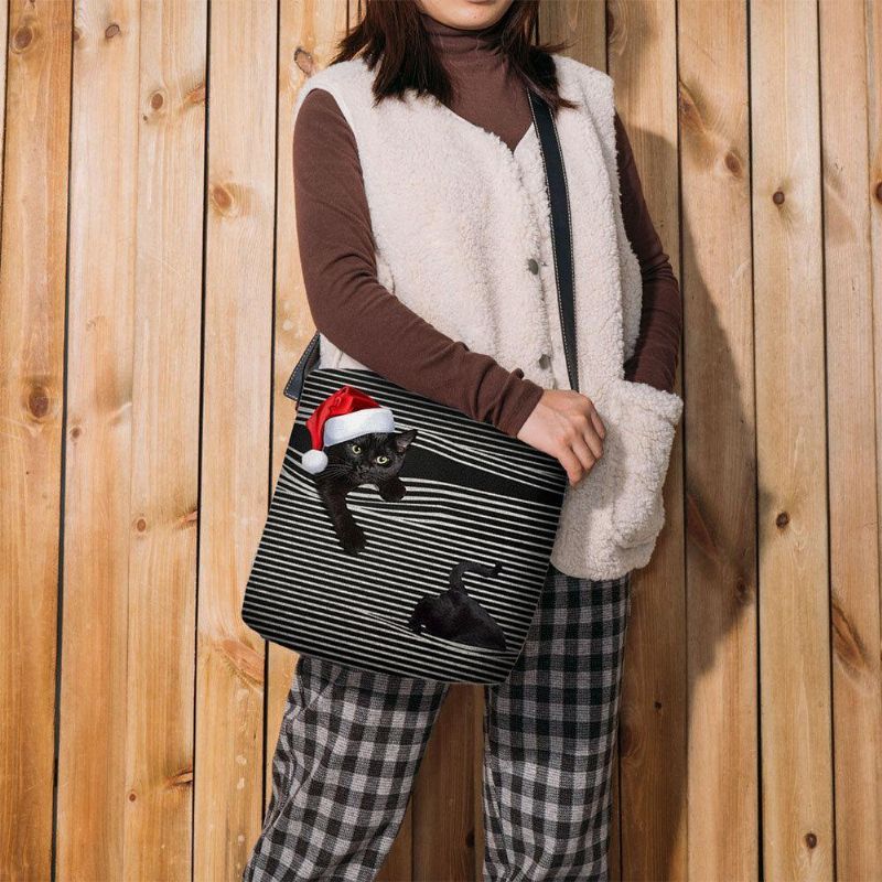 Kvinnor Kände Sig Söt Casual Cartoon Cat Stripes Mönster Med Julhatt Crossbody Bag Axelväska