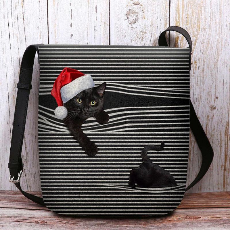 Kvinnor Kände Sig Söt Casual Cartoon Cat Stripes Mönster Med Julhatt Crossbody Bag Axelväska