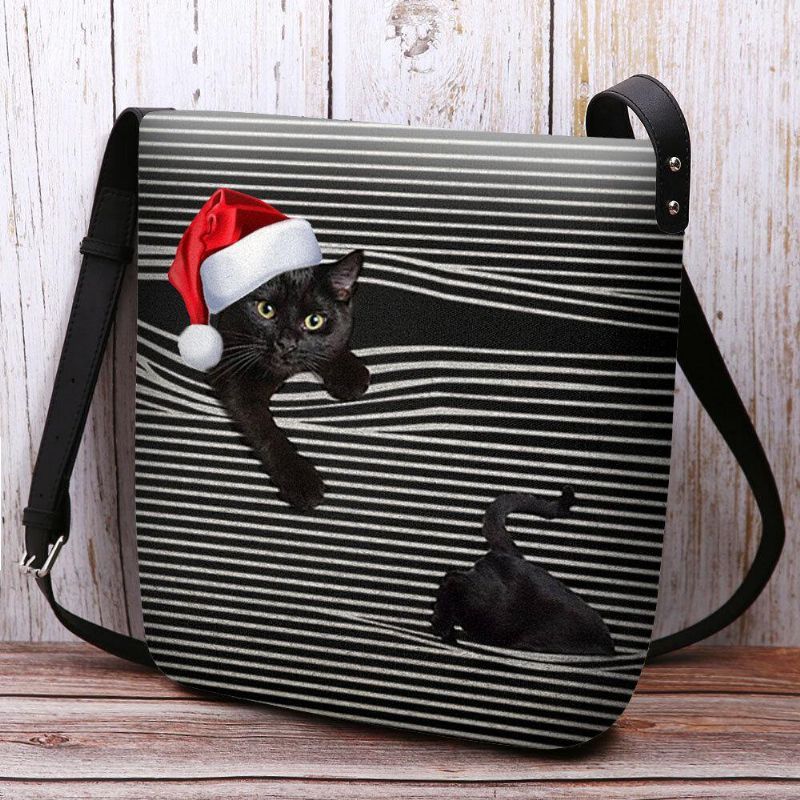 Kvinnor Kände Sig Söt Casual Cartoon Cat Stripes Mönster Med Julhatt Crossbody Bag Axelväska