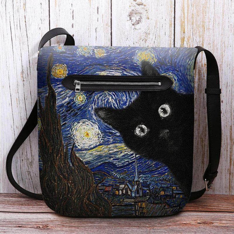 Kvinnor Kände Sig Söt Casual Tecknad Kattmönster Med Stjärnklar Natt Galaxmålningar Crossbody-Väska Axelväska