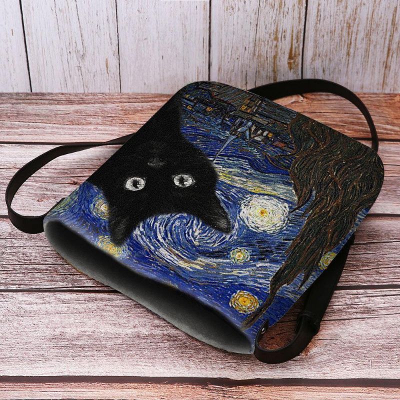 Kvinnor Kände Sig Söt Casual Tecknad Kattmönster Med Stjärnklar Natt Galaxmålningar Crossbody-Väska Axelväska