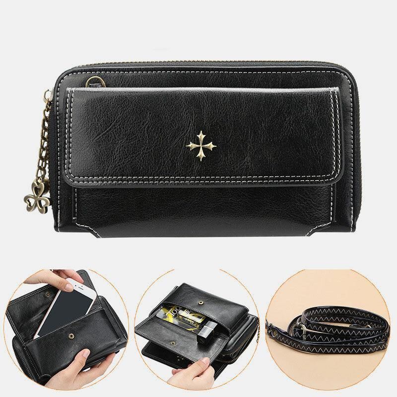 Kvinnor Pu Läder Cross Flower Tofs Stor Kapacitet Multi-Card Slot Telefonväska Crossbody Bag Axelväska