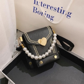 Kvinnor Pu-Läder Hjärtformad Hasp Pearl Chain Handväska Axelväska Crossbody-Väskor