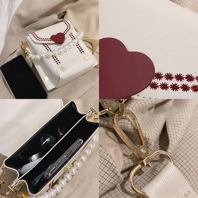 Kvinnor Pu-Läder Hjärtformad Hasp Pearl Chain Handväska Axelväska Crossbody-Väskor