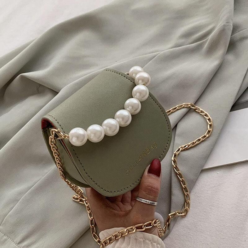 Kvinnor Pu-Läder Pearl Chain Handväska Axelväska Crossbody-Väskor