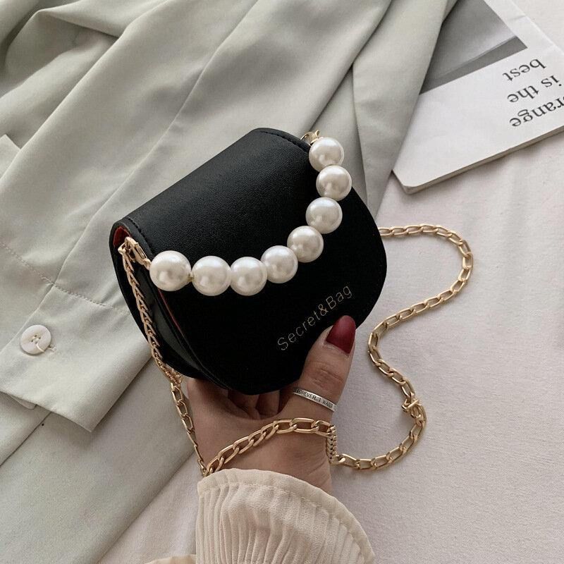 Kvinnor Pu-Läder Pearl Chain Handväska Axelväska Crossbody-Väskor