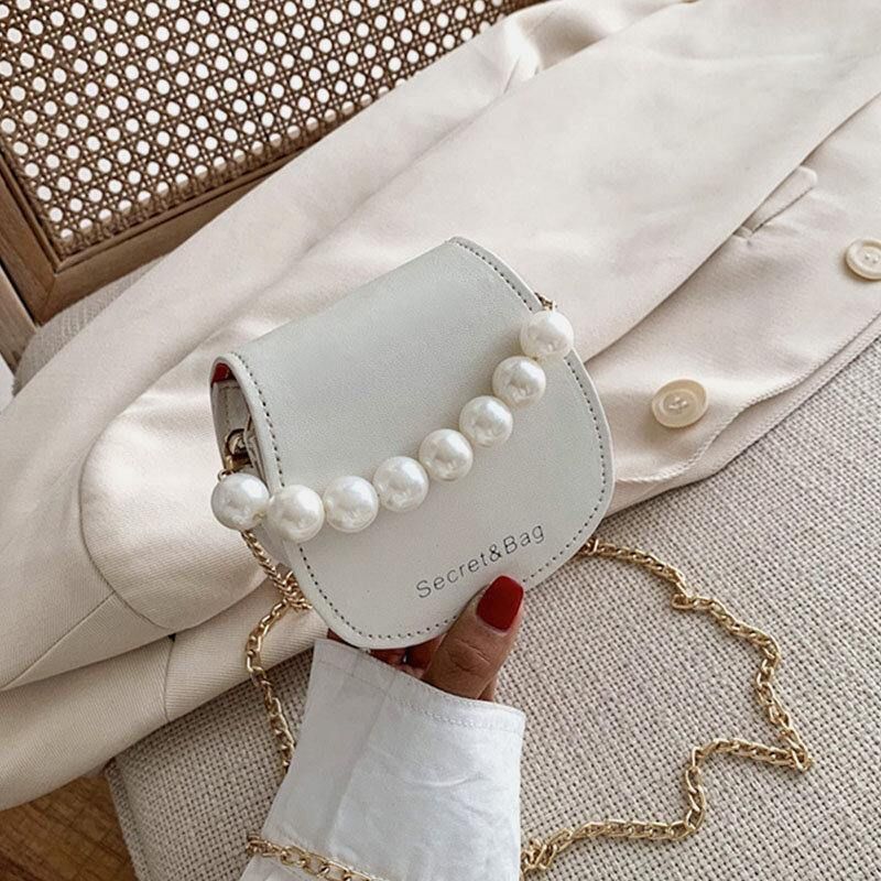 Kvinnor Pu-Läder Pearl Chain Handväska Axelväska Crossbody-Väskor