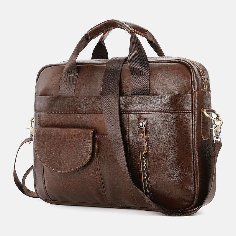 Män Äkta Läder Multi-Pocket Vintage 14 Tums Bärbar Datorväska Portföljer Crossbody Väska Axelväska Handväska