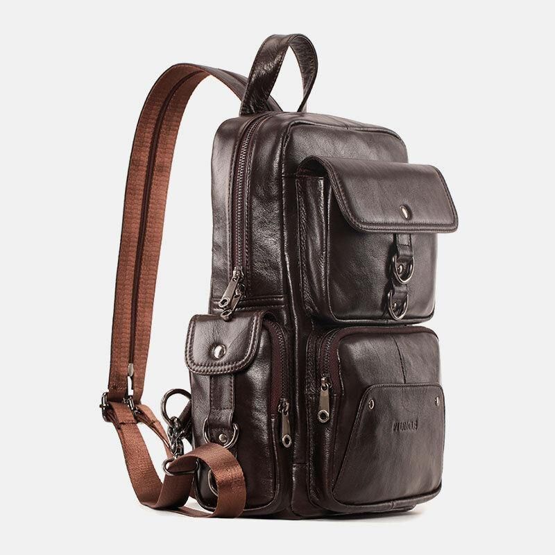 Män Äkta Läder Multifunktion Multi-Carry Outdoor Travel Cowhide Crossbody Bag Ryggsäck