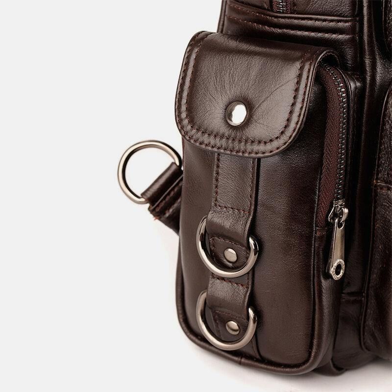 Män Äkta Läder Multifunktion Multi-Carry Outdoor Travel Cowhide Crossbody Bag Ryggsäck