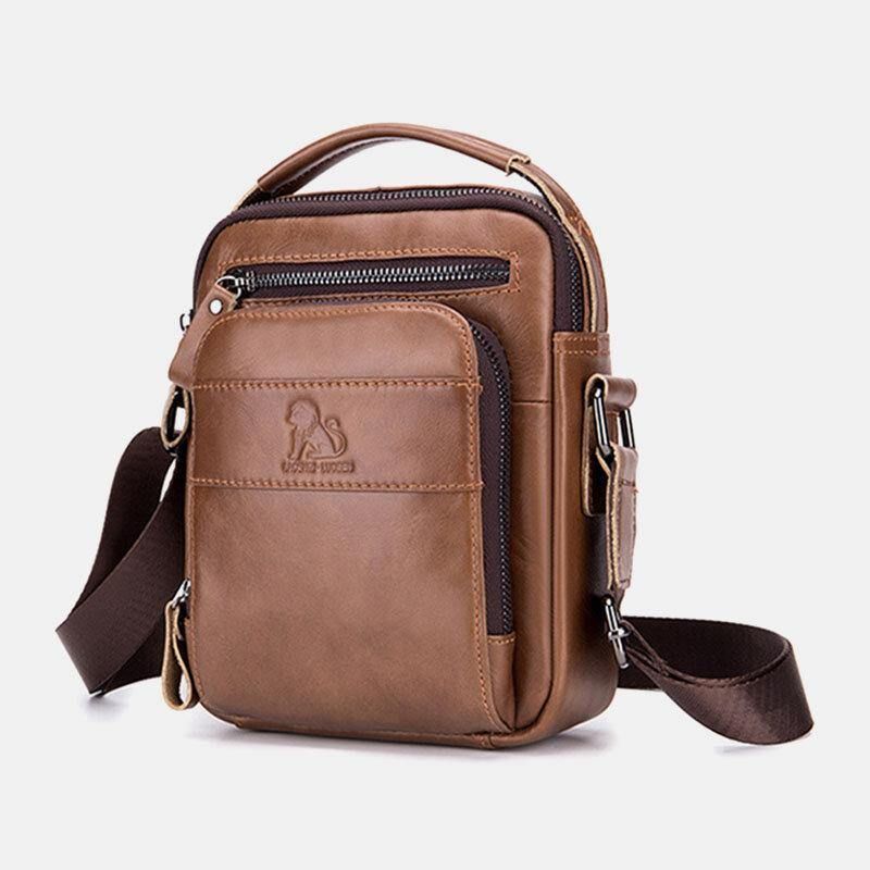 Män Äkta Läder Multifunktion Multi-Pocket Vattentät Crossbody Bag Axelväska