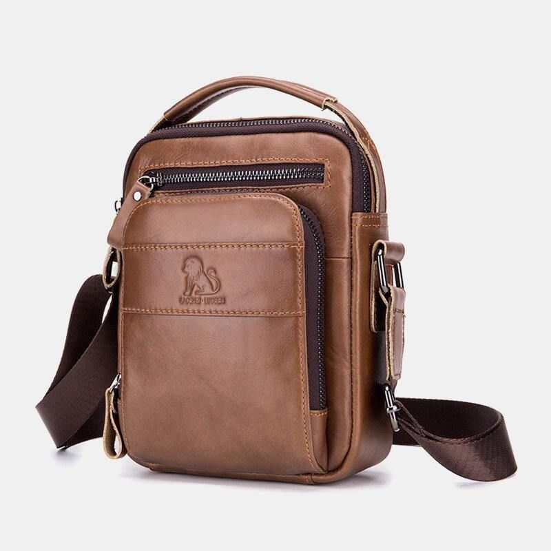 Män Äkta Läder Multifunktion Multi-Pocket Vattentät Crossbody Bag Axelväska