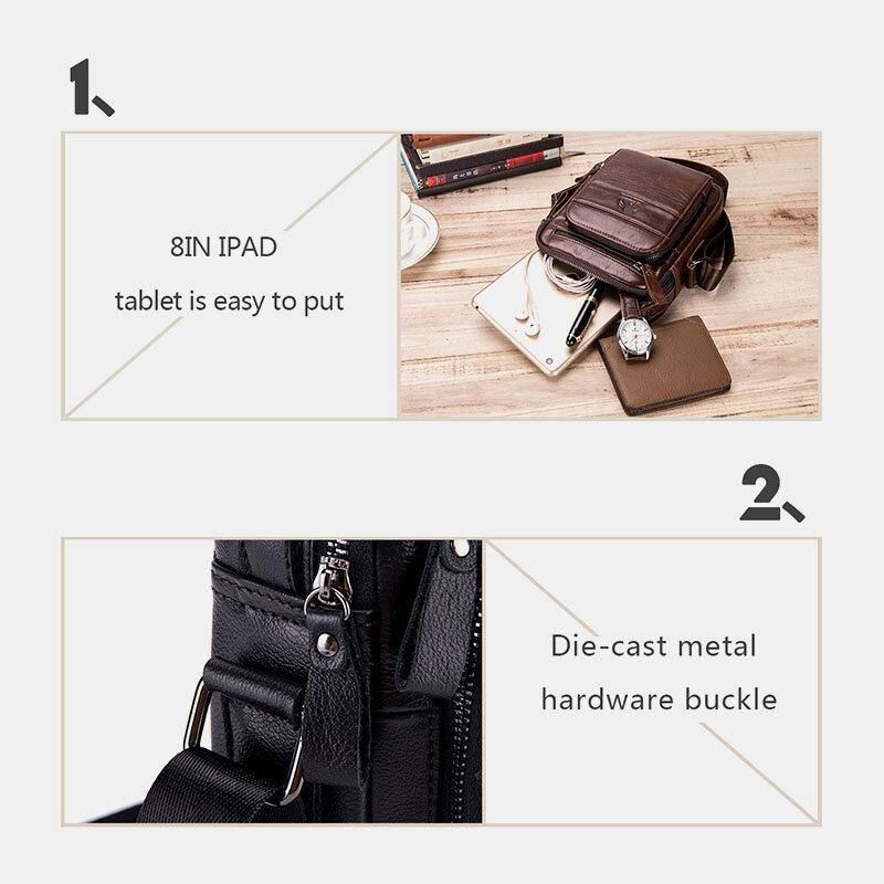 Män Äkta Läder Multifunktion Multi-Pocket Vattentät Crossbody Bag Axelväska