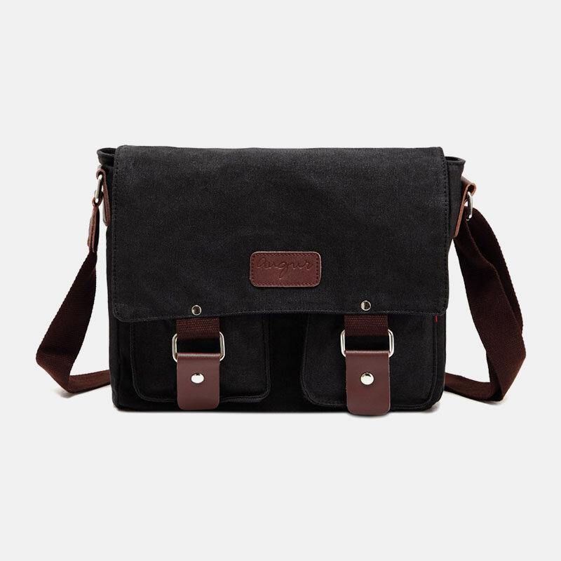 Män Äkta Läder Och Canvas Retro Resor Utomhus Multi-Pocket Bärväska Crossbody Bag