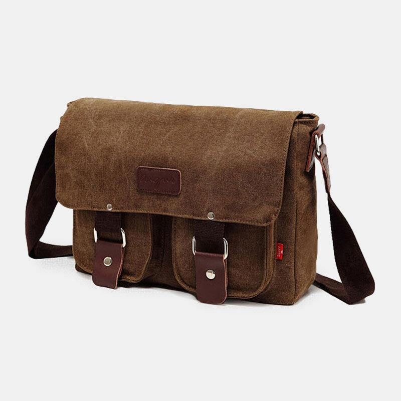 Män Äkta Läder Och Canvas Retro Resor Utomhus Multi-Pocket Bärväska Crossbody Bag