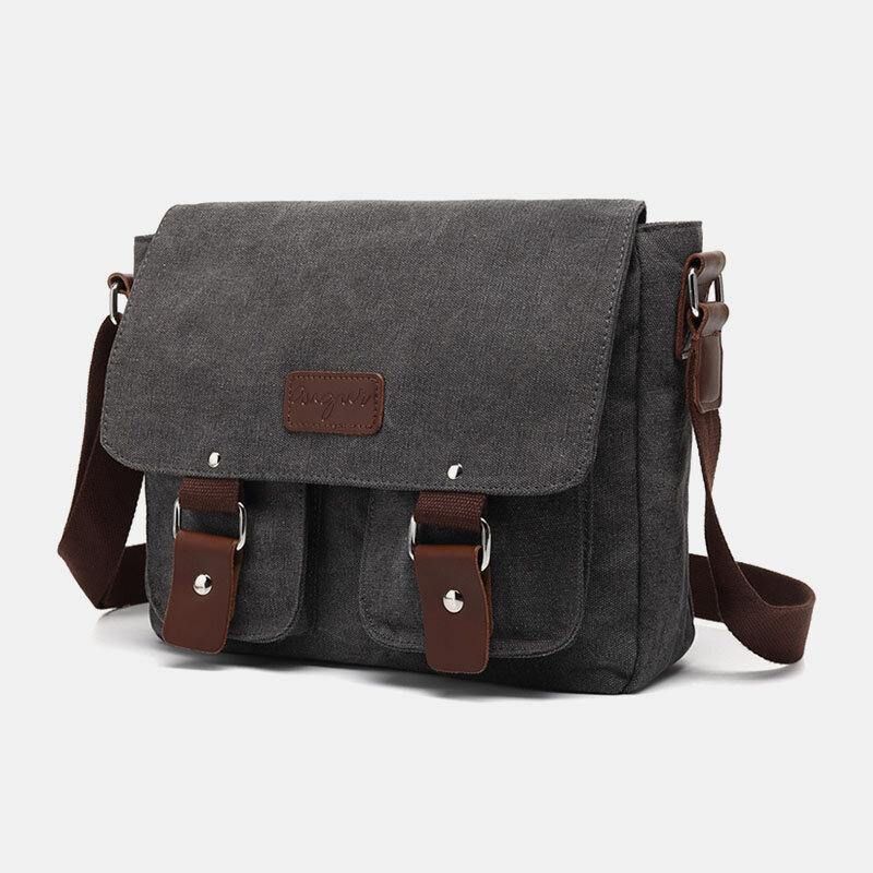 Män Äkta Läder Och Canvas Retro Resor Utomhus Multi-Pocket Bärväska Crossbody Bag