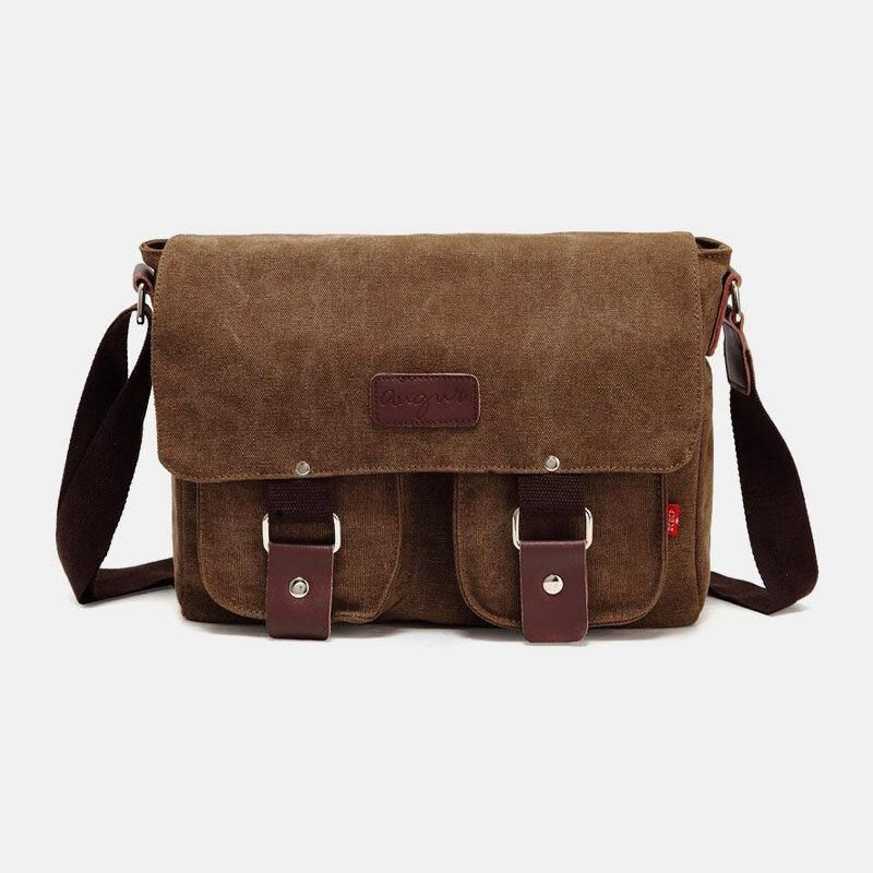 Män Äkta Läder Och Canvas Retro Resor Utomhus Multi-Pocket Bärväska Crossbody Bag