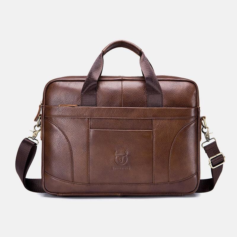 Män Äkta Läder Stor Kapacitet 14 Tums Multifunktions Portfölj Laptop Messenger Bag Crossbody Bags Handväska