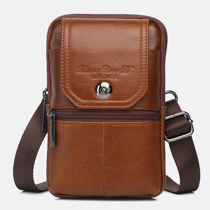 Män Äkta Läder Vintage Multi-Card Slot 6.5 Tums Mini Telefonväska Crossbody Väska Midjeväska Kohudsväska