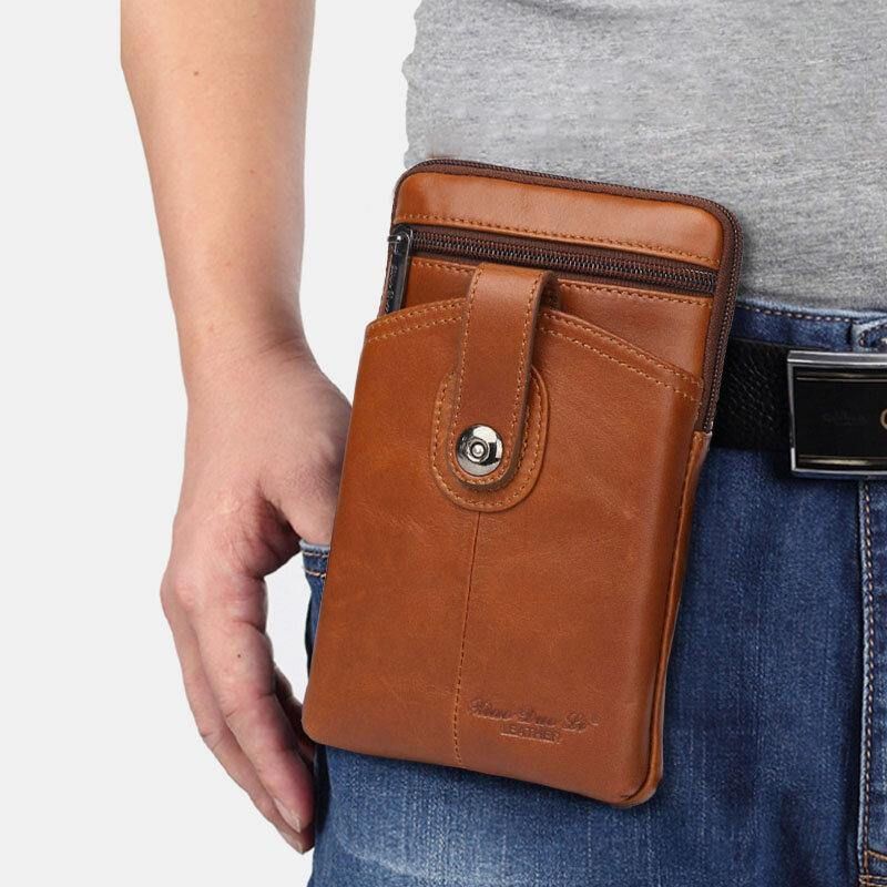 Män Äkta Läder Vintage Multifunktionell 6.5 Tums Blixtlås Hasp Telefonväska Crossbody Väska Midjeväska