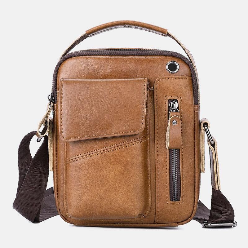 Män I Äkta Läder Hörlurshål Med Flera Fickor Vintage 6.5 Tums Telefonväska Crossbody-Väska Axelväska Messenger Portfölj