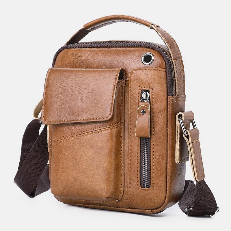 Män I Äkta Läder Hörlurshål Med Flera Fickor Vintage 6.5 Tums Telefonväska Crossbody-Väska Axelväska Messenger Portfölj