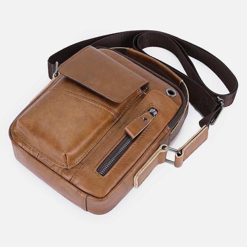 Män I Äkta Läder Hörlurshål Med Flera Fickor Vintage 6.5 Tums Telefonväska Crossbody-Väska Axelväska Messenger Portfölj