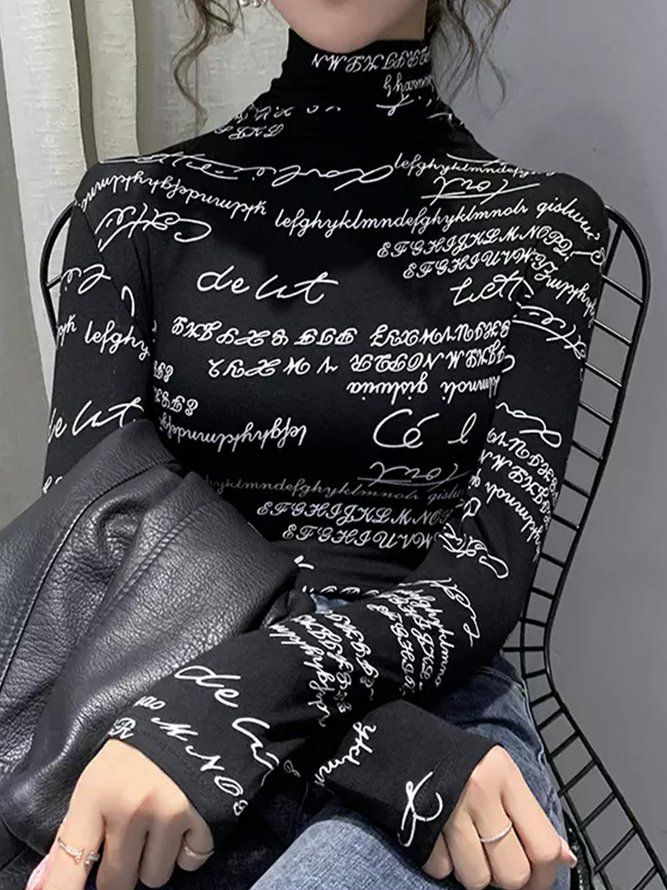 Daglig Långärmad Regular Fit Text Letters T-Shirt Med Turtleneck