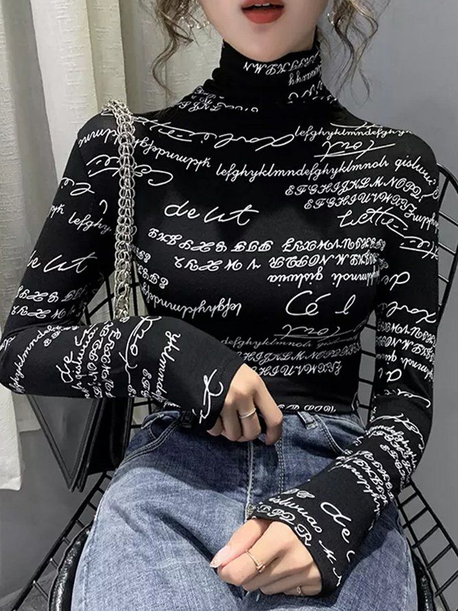 Daglig Långärmad Regular Fit Text Letters T-Shirt Med Turtleneck