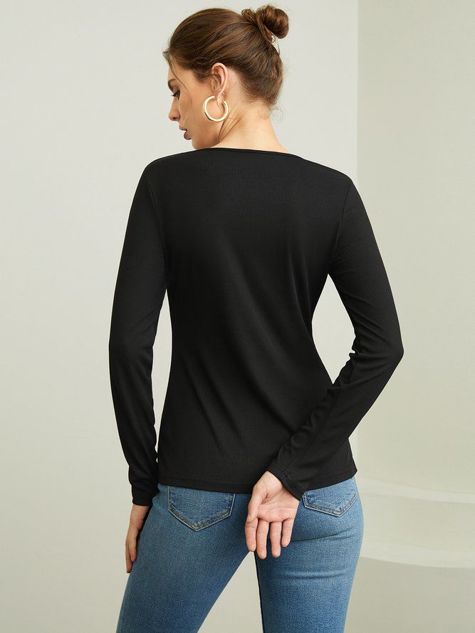 Daily Crew Neck Split Plain Long Sleeve Stick