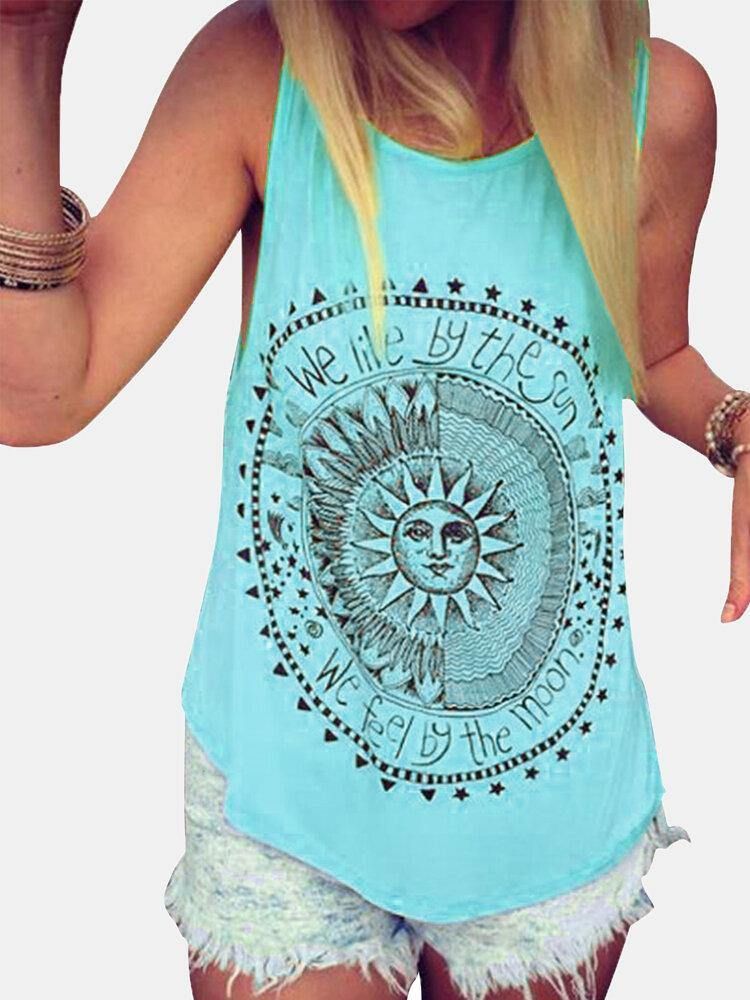 Disk Letter Print Rund Hals Lös Sommar Casual Tank Tops