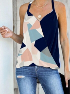 Geometriskt Tryck Halter V-Ringad Ärmlös Casual Cami