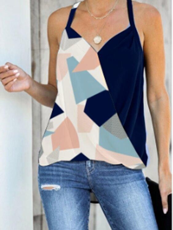 Geometriskt Tryck Halter V-Ringad Ärmlös Casual Cami