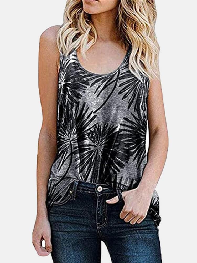 Kvinnor Plant Print Ärmlös Rund Hals Holiday Casual Linne