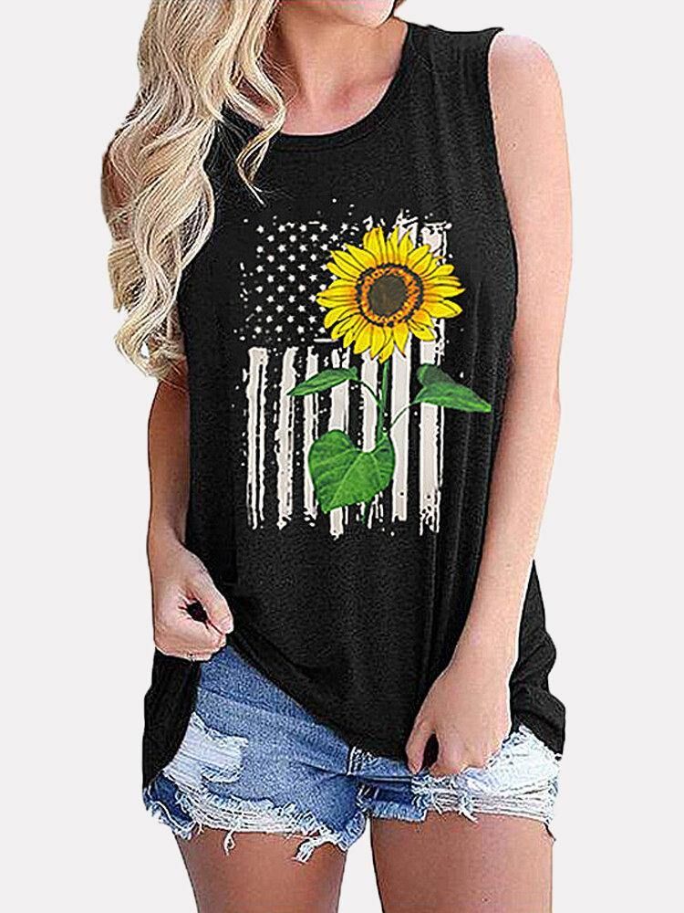 Kvinnor Sleeveless Flag Sunflower Print Independence Day Lösa Linne